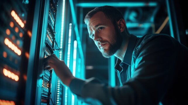 Focused technician managing a server rack in a high-tech data center with illuminated servers and dynamic lighting.