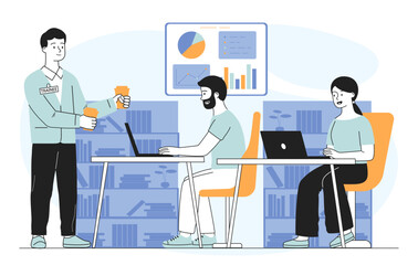 Trainer in office. Man gives presentation with graphs and diagrams. Coach with cups at workplace. Business mentor with audience. Linear vector illustration