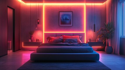 Stylish bedroom featuring modern lighting and plush bedding creating a sleek and elegant design.