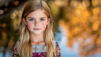 Naklejka premium A young girl with blonde hair and blue eyes is smiling for the camera. She is wearing a purple dress and is standing in front of a body of water