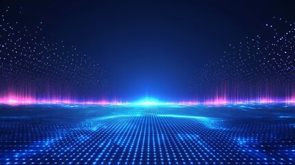 A captivating digital landscape with vibrant blue and pink lights creating a futuristic atmosphere for technology themes.