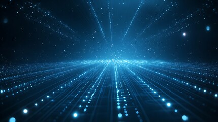 A captivating view of a futuristic digital space with glowing particles and beams of light creating a dynamic visual experience.