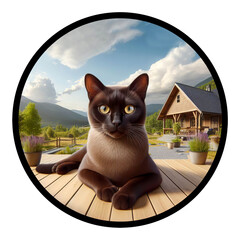 A circular 3D rendered illustration of a sable Burmese cat, isolated on a transparent background