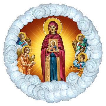 Saint Parascheva of the Balkans. Bright religious dome with angels on heaven. Illustration in Byzantine style isolated