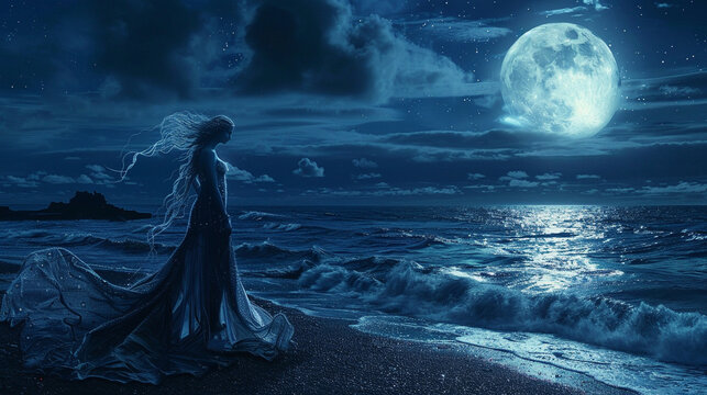 A beautiful selkie with shimmering skin, holding her sealskin cloak, standing by the ocean's edge under a full moon.