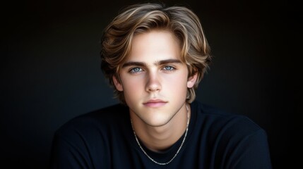 A young man with blonde hair and blue eyes is wearing a black shirt and a necklace. He is looking directly at the camera