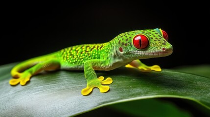 Green Gecko with Red Eyes on a Green Leaf