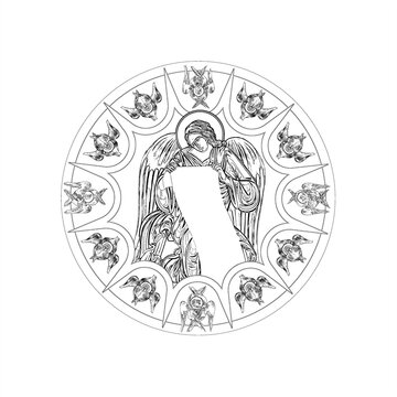 recommend clip art: Angel sky round dome with 4 apostles and seraphim. Coloring page in Byzantine style