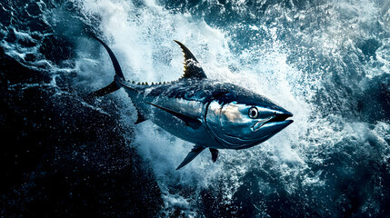 Fototapeta premium powerful image of a tuna fish leaving the water, its strong body in motion as ocean spray surrounds it in dynamic arcs
