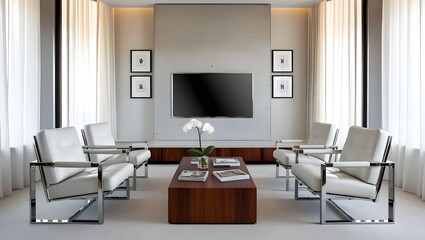 Modern minimalist apartment interior living room with 8K TV screen.