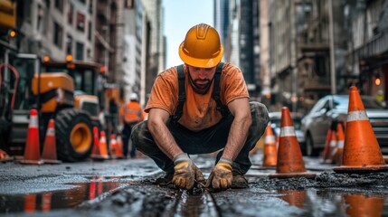 A construction worker in an orange shirt and hard hat kneels on a city street, surrounded by traffic cones and machinery.