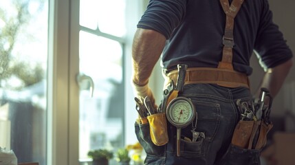 A skilled worker wearing a tool belt, standing in a sunlit interior, ready for the next project with various tools at hand.