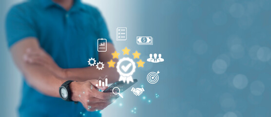 Man using smartphone for guarantee quality and satisfaction with customers. Service system business...