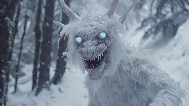 A snow-white wendigo with icy blue eyes, standing in a snowy forest, its breath visible in the cold air as it smiles eerily.