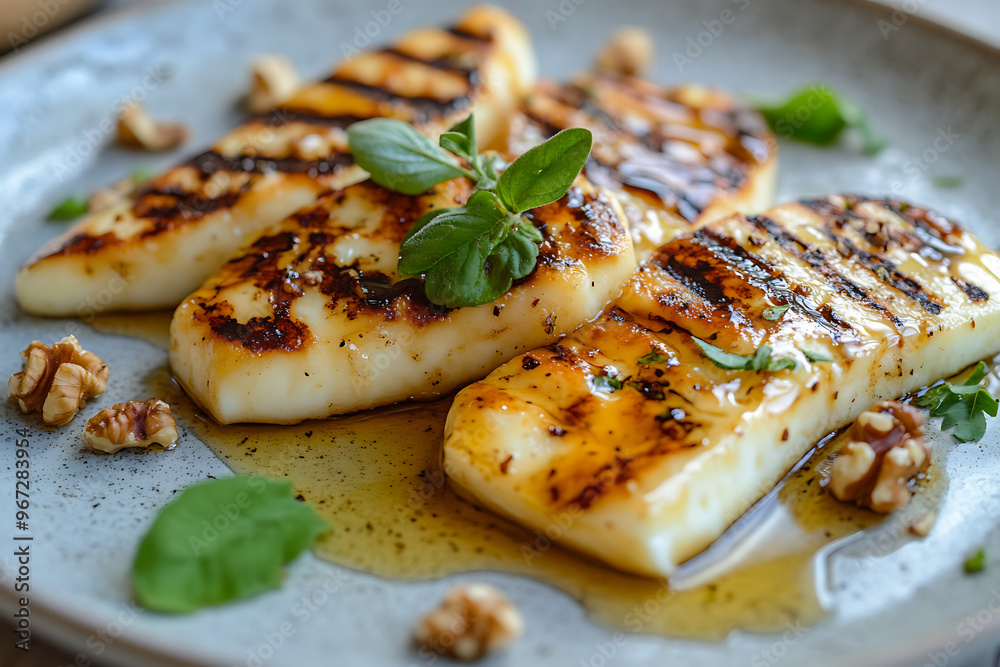 Wall mural grilled halloumi cheese served with herbs and nuts on a plate.