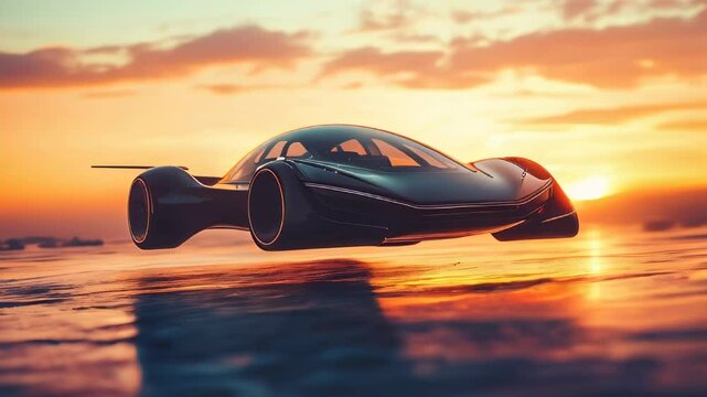 Futuristic black hovercar gliding above reflective surface during a vibrant sunset over a scenic landscape