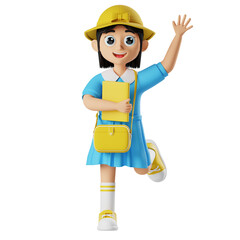 3D Character Girl Kindergarten Waving Hand