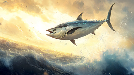 powerful tuna fish leaping out of the ocean, with water droplets cascading off its sleek body as it catches the sunlight