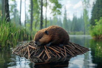 beaver builds a dam on the water