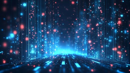 A futuristic digital landscape with glowing particles, creating a vibrant and abstract atmosphere of light and motion.