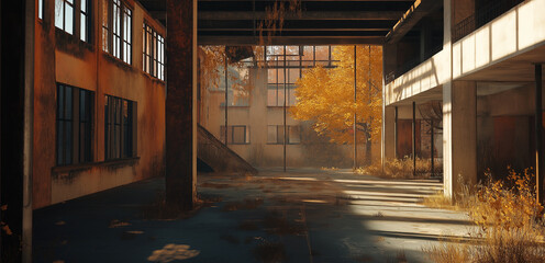 Fototapeta premium Photo of abandoned old building with autumn trees and foliage