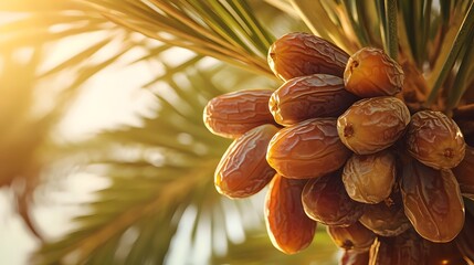 Close-up of a cluster of dates on a palm tree, rich brown with smooth, glossy skins, warm, golden...