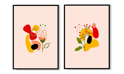 Set of two abstract vintage wall art vector. Organic shapes and flowers wall decorations, vector poster and wall print for home.