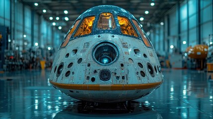 Futuristic Space Capsule in High-Tech Hangar, Illuminated Interior