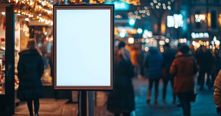 Mockup of blank white poster displayed against a blurred restaurant backdrop for promotion or display