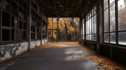 Photo of abandoned old building with autumn trees and foliage