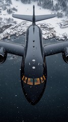 Black jet flying over snowy coastline in winter