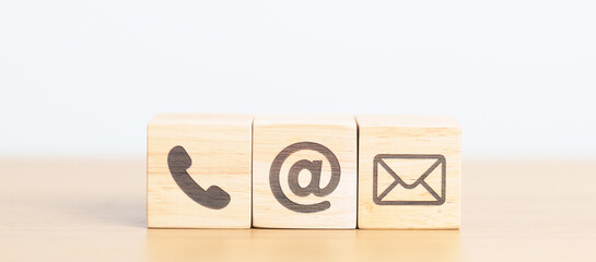Contact Us concepts. Wood block of Email, call Phone and Website Address sign. For Customer support hotline, business Marketing, Corporate, communication and Advertising