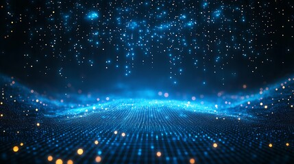 Obraz premium A mesmerizing blue digital landscape featuring glowing particles and an illuminated background, ideal for technology or abstract themes.