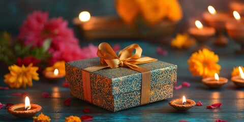 Beautifully wrapped Diwali gift boxes adorned with flowers and lit diyas on a wooden table glowing with festive light