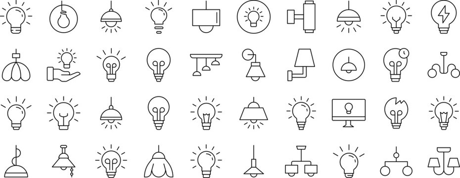 Light Bulbs, Lamps, Chandeliers Related Line Icons for Web Sites, Books, Cards, Apps. Editable Stroke. Suitable for Web Sites, Books, Cards, Apps