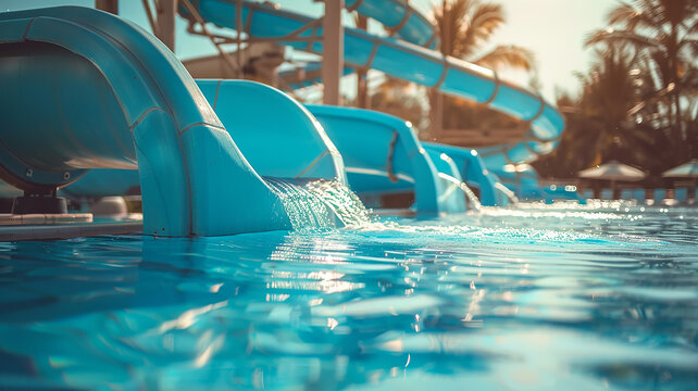Water park background copy space, slides and pool in the water park