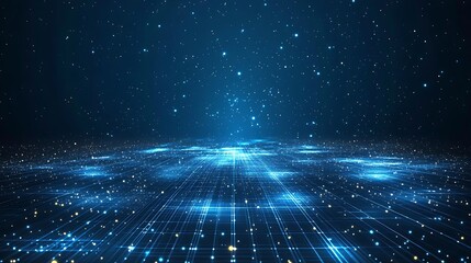 A mesmerizing blue digital landscape filled with sparkling lights and grid patterns, creating a futuristic atmosphere.