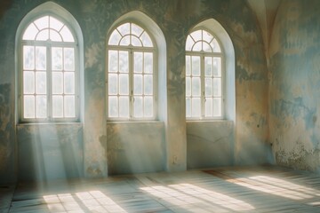 Fototapeta premium Sunlight streams through three arched windows onto an old, empty room with peeling paint, hinting at its forgotten past.