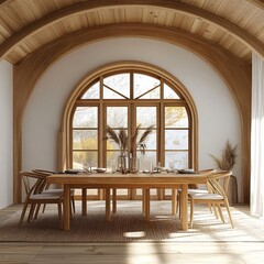 Wooden Dining Room Interior Design with Arch Window and Sunbeams