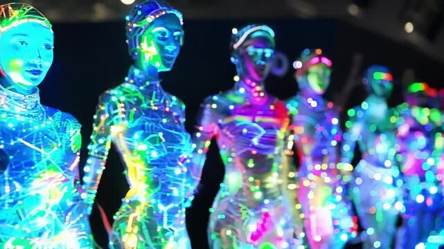 Fashion models strut down a neon lit runway. Showcasing futuristic costumes at a high energy fashion event. The vibrant display blends style. Design. And technology. Setting trends for future apparel