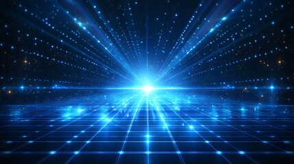 Obraz premium A mesmerizing blue light burst with radiant beams and vibrant particles, creating a futuristic digital atmosphere.