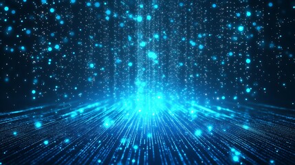 Fototapeta premium A mesmerizing blue light burst with particles and rays creating a dreamy digital atmosphere, perfect for wallpapers and designs.