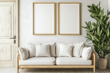 3D rendering of interior poster mockup with empty wooden frames, sofa, plant, and lamp.