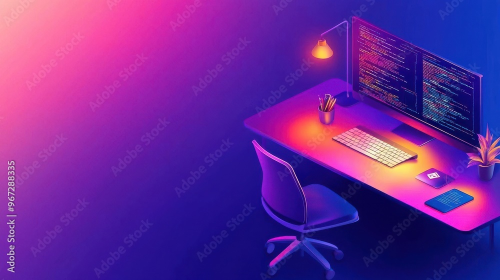 Wall mural developers collaborating in isometric crossplatform coding room, digital screens, modern tech worksp