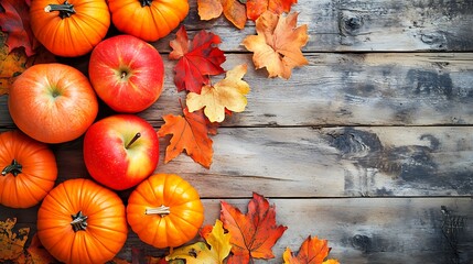 Autumn Harvest with Pumpkins and Red Apples Surrounded by Colorful Leaves on Rustic Wood