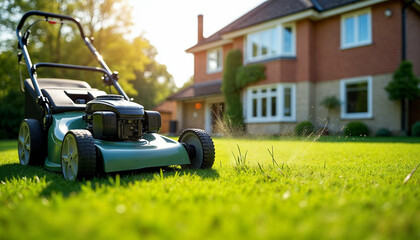 A close-up view of a lawn mower trimming grass in a vibrant garden under a clear summer sky, with flying clippings.







