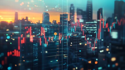 Fototapeta premium City Skyline at Sunset with Financial Data Visualization and Vibrant Colors Creating a Dynamic Atmosphere