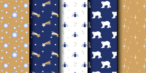 Fototapeta premium Set of Christmas vector seamless pattern. Merry Christmas and Happy New Year. Christmas symbols background. Vector gold and blue seamless illustration