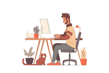 A man sitting at a computer desk, smiling and working on it, with a cat nearby. Vector illustration on a white background, Generative AI