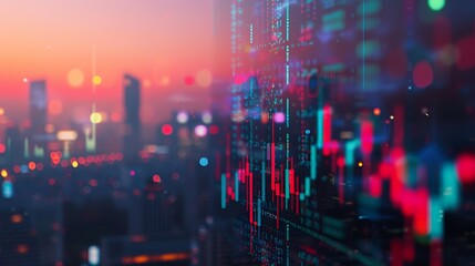 Obraz premium City Skyline at Sunset with Financial Data Visualization and Vibrant Colors Creating a Dynamic Atmosphere